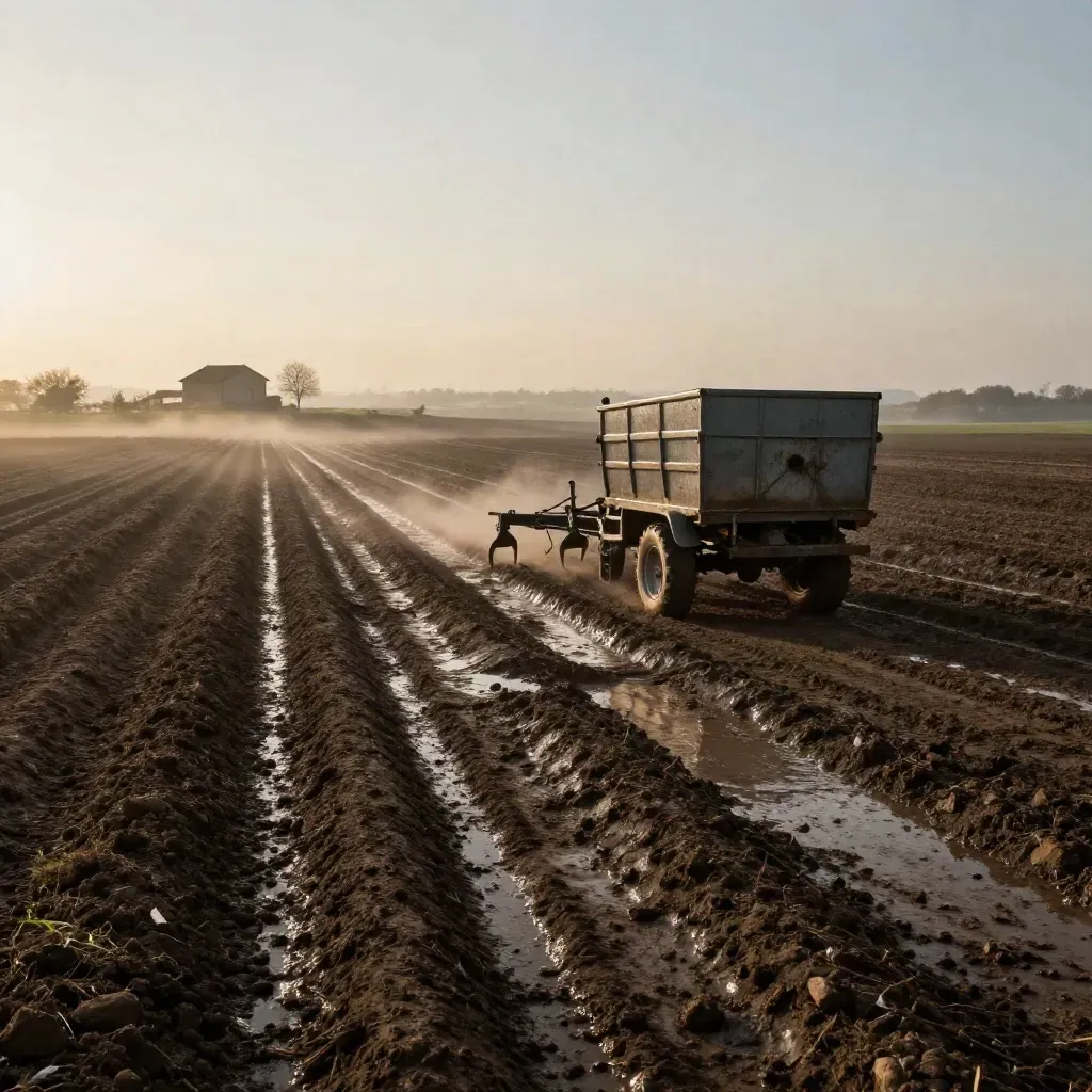 Campo appena lavorato all’alba con solchi, erpice, rimorchio e casa colonica nella nebbia.