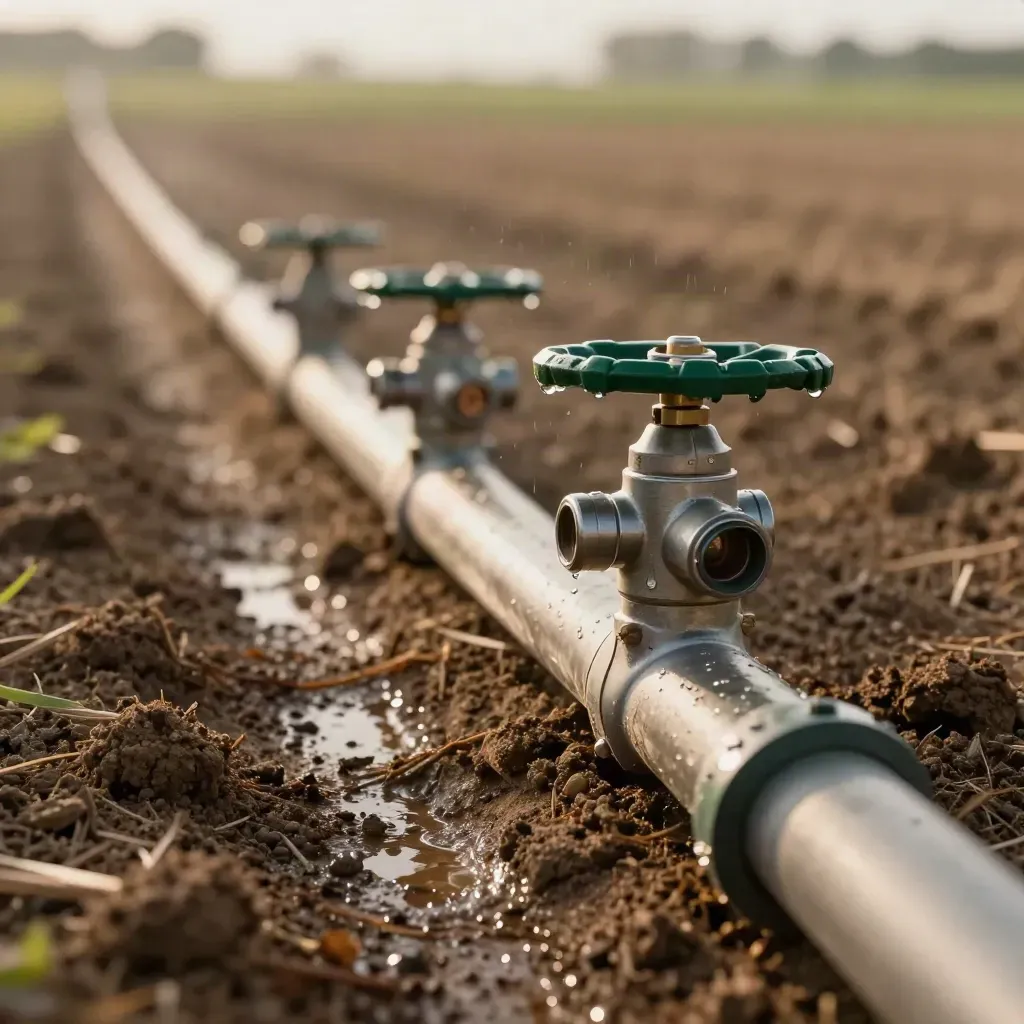 Tubi a goccia e valvole su terreno umido accanto a una pompa agricola nel campo