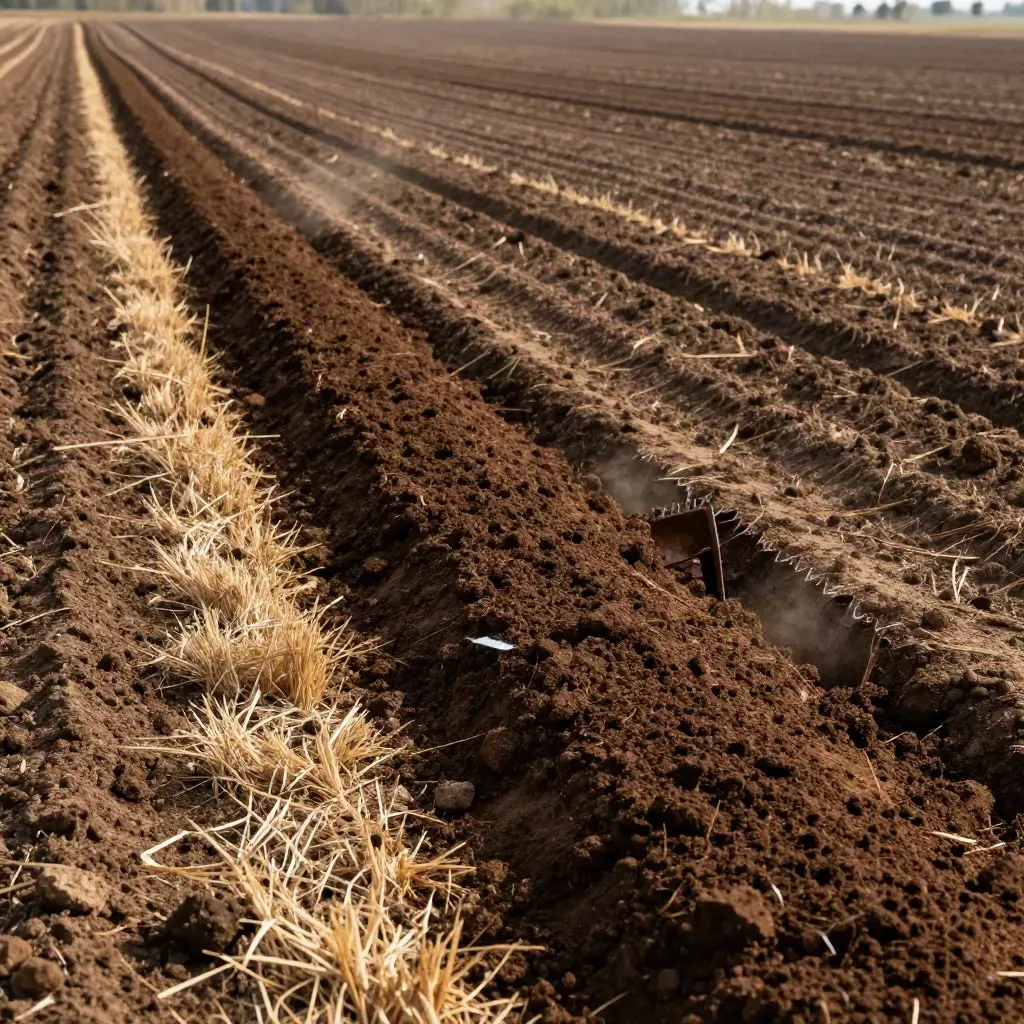Campo arato con solchi netti, bordo di erpice e paglia pressata ai lati