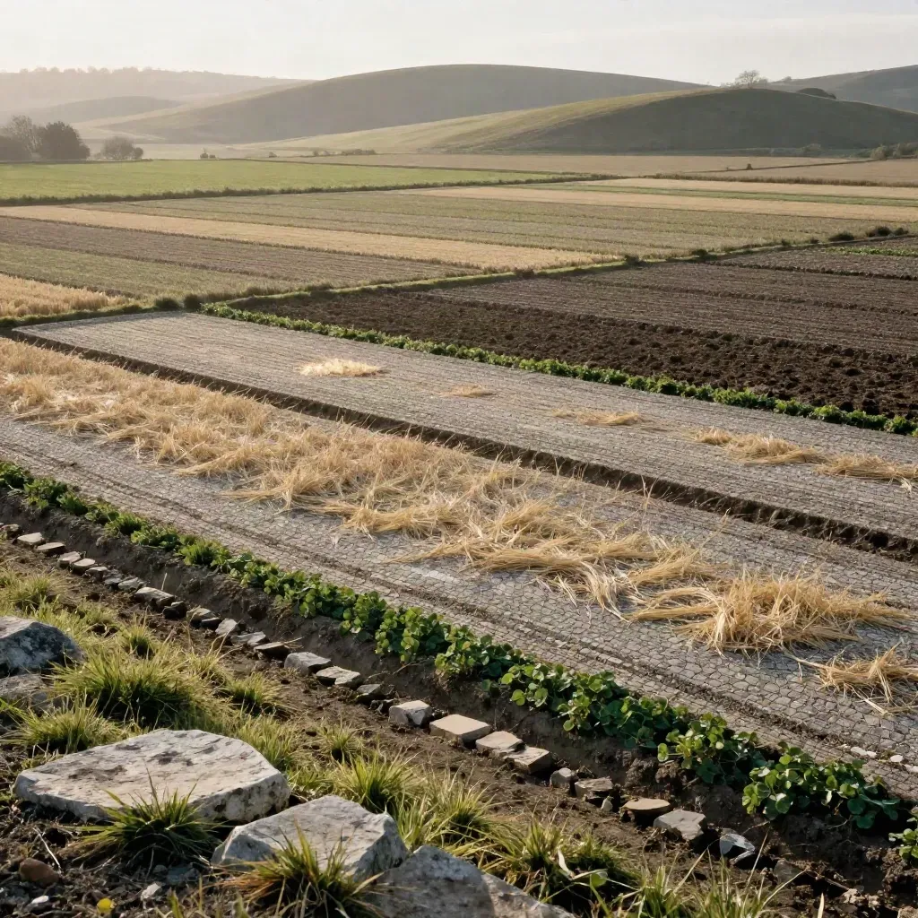 Mosaico di parcelle coltivate con canale di scolo in pietra e campi ordinati nella foschia del mattino.