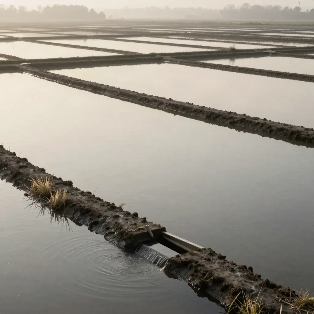 Risaia livellata con acqua bassa, argini netti e chiuse aperte sotto una luce dorata.