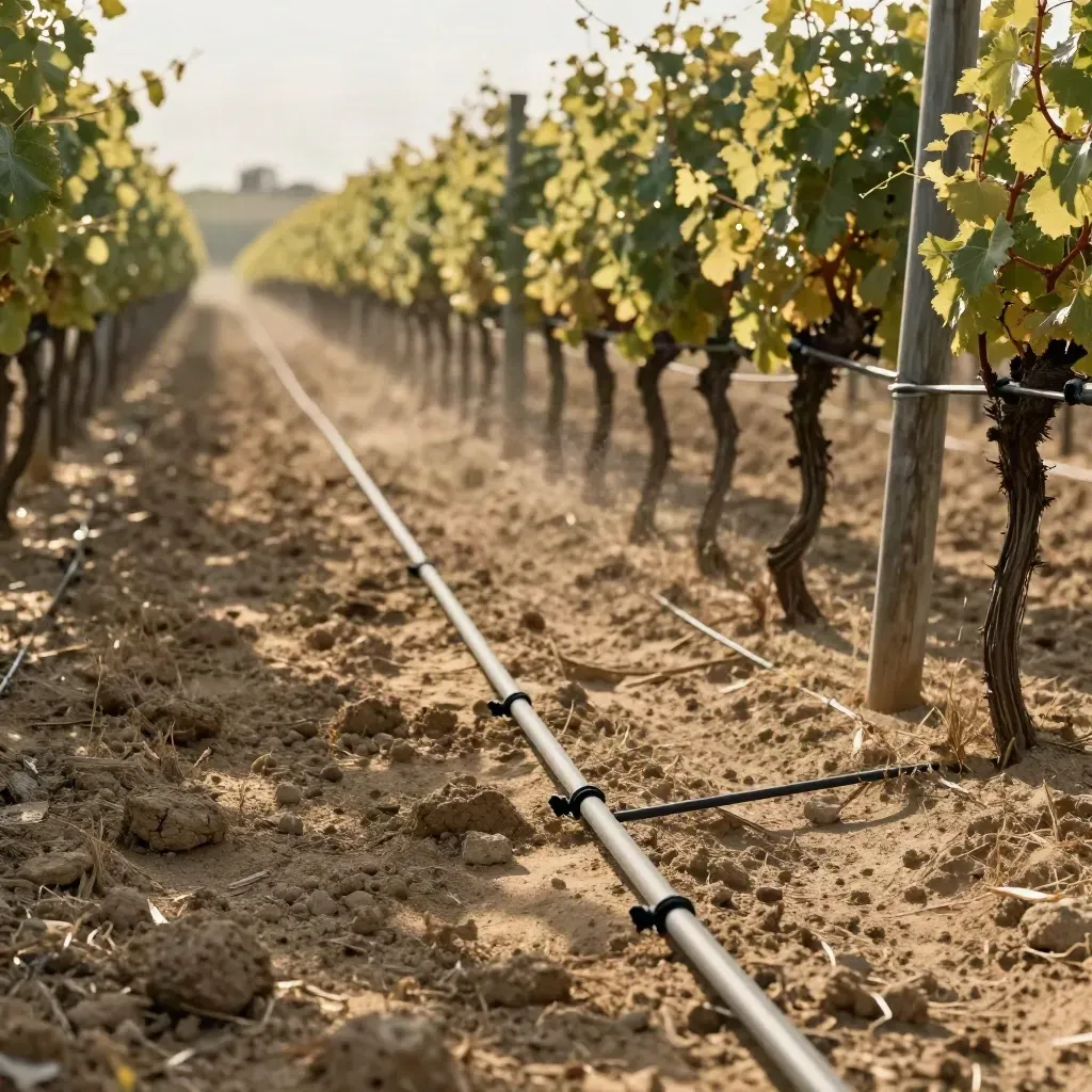 Vigna irrigata a goccia tra i filari, terreno asciutto e raccordi ordinati al sole.