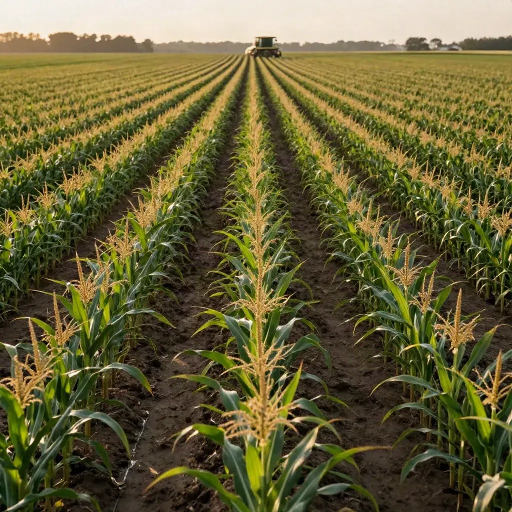 Campo di mais con file regolari, irrigazione ai bordi e mietitrebbia lontana.