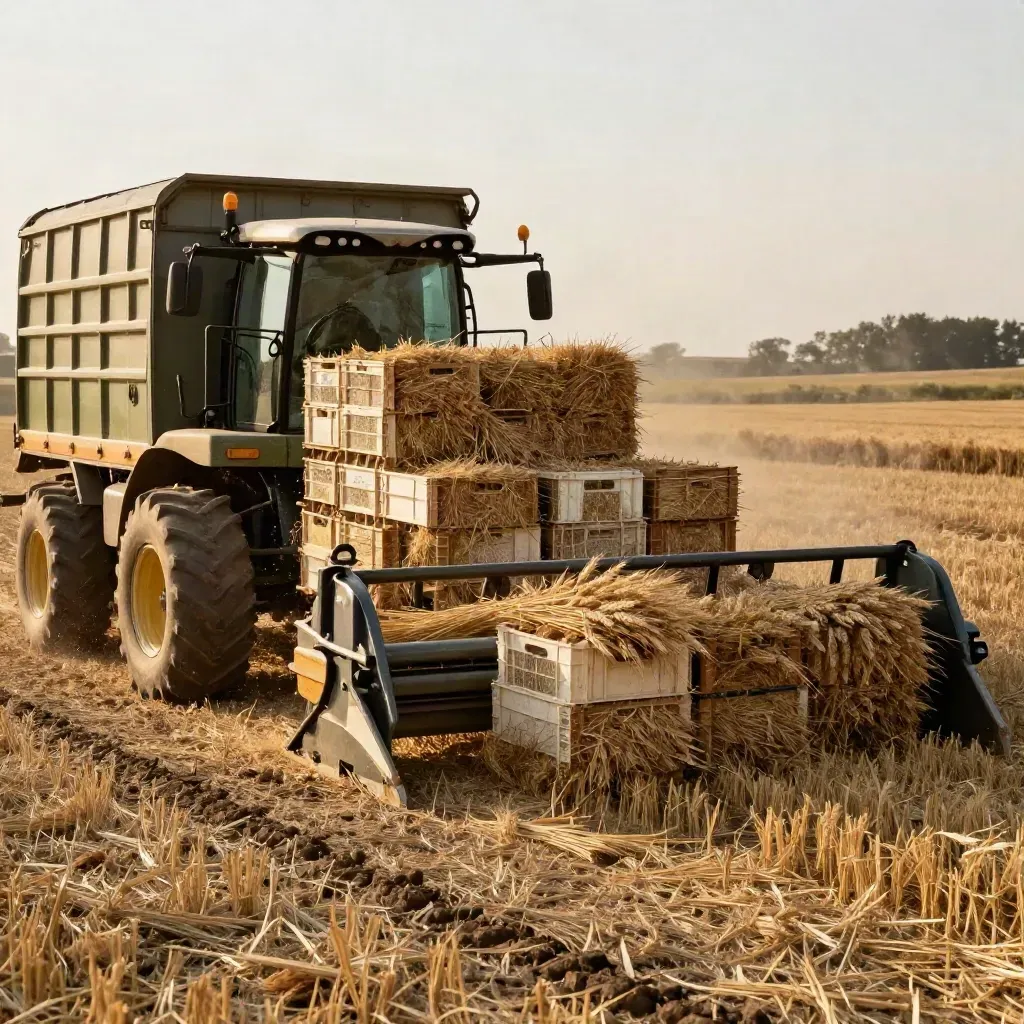 Cassette di raccolta e rimorchio agricolo pronti al carico in un campo appena tagliato