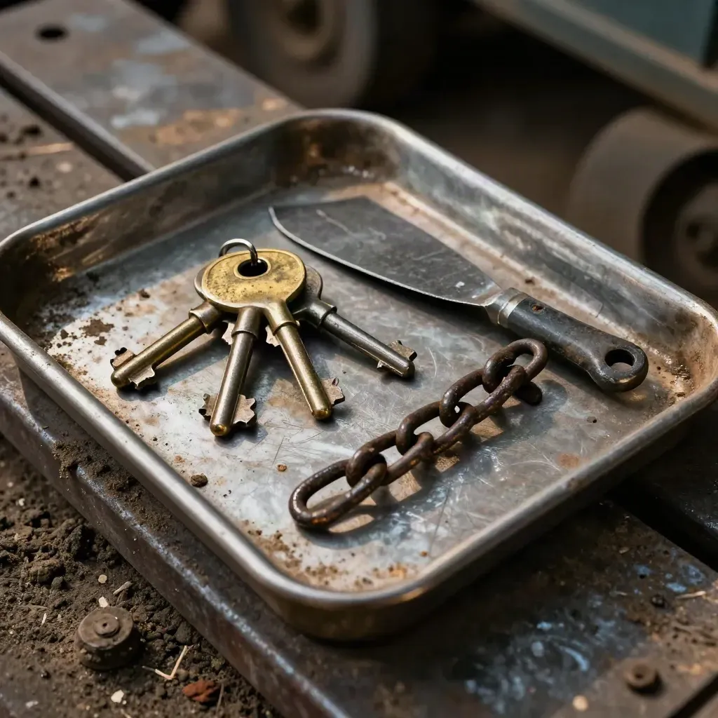 Chiavi da officina, catena e lama raschiatrice su metallo sporco di fango.