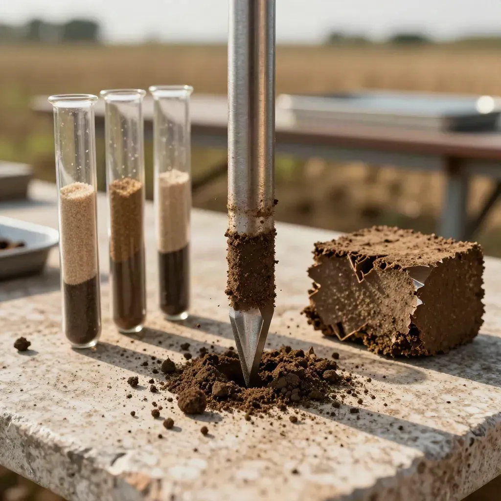 Trivella per carotaggi con provette stratificate e blocco di argilla su pietra travertino