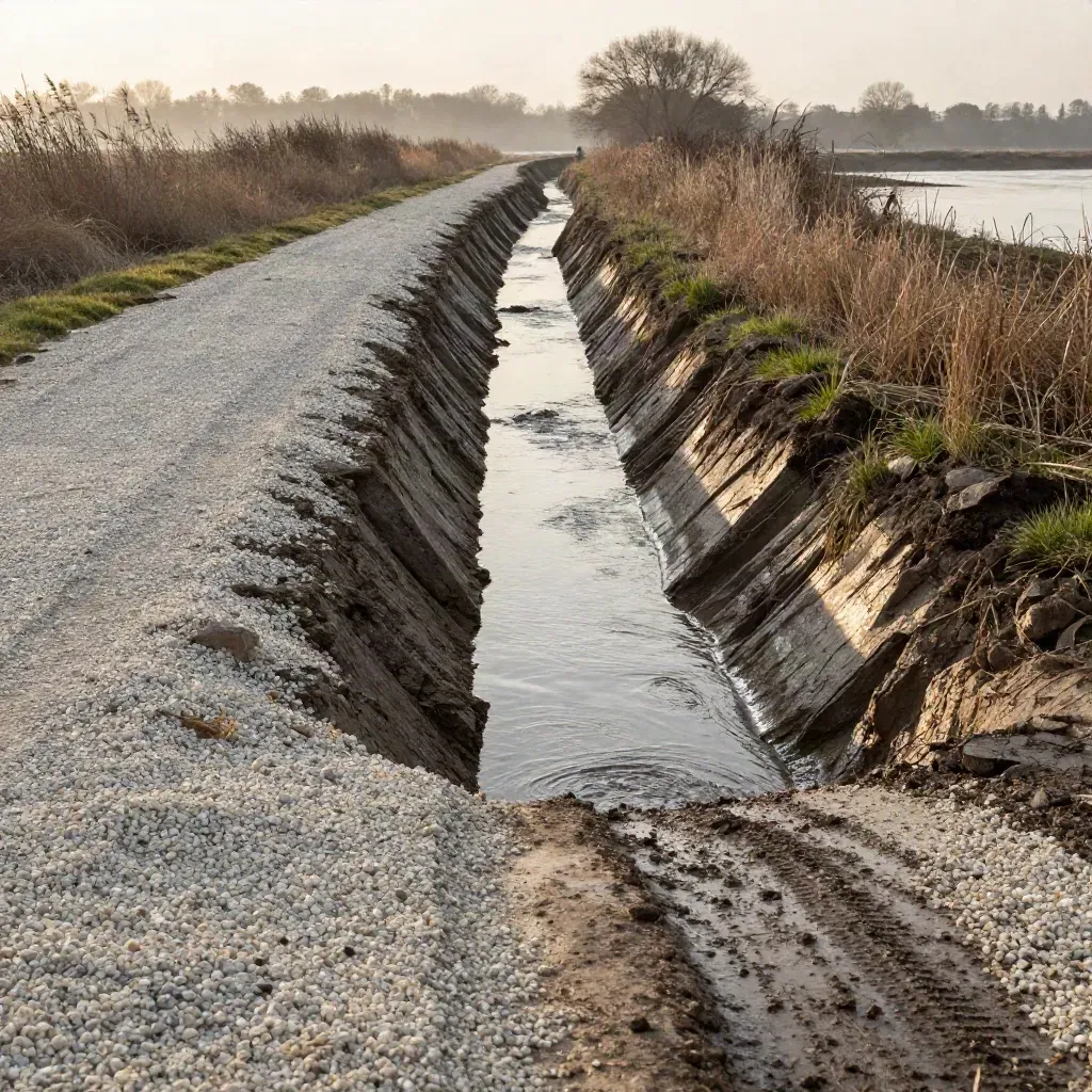 Fossato ripulito con acqua che scorre e argini ripristinati, visto dal bordo
