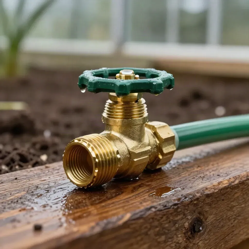 Valvola in ottone per irrigazione con raccordi bagnati e gocce su banco di legno.