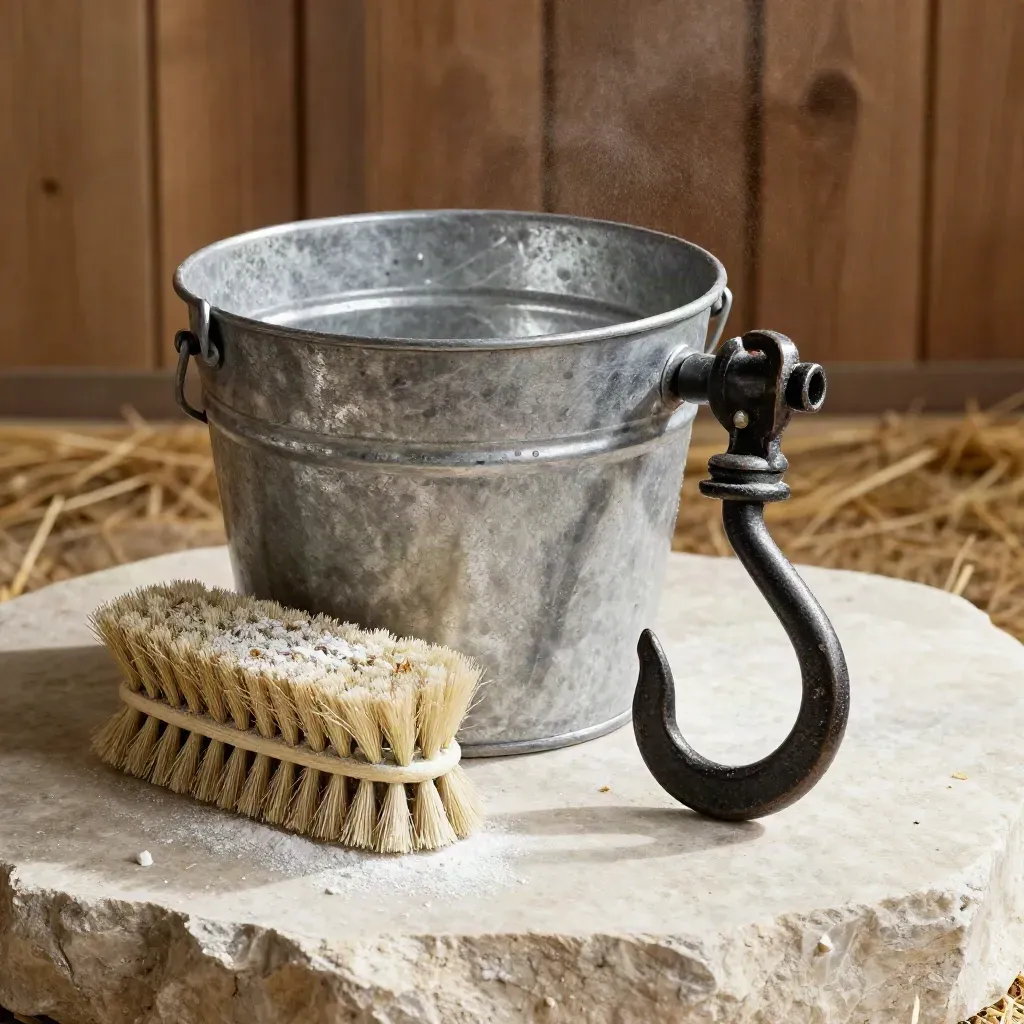 Secchio zincato, spazzola bovina, gancio stalla e moschettone su pietra chiara