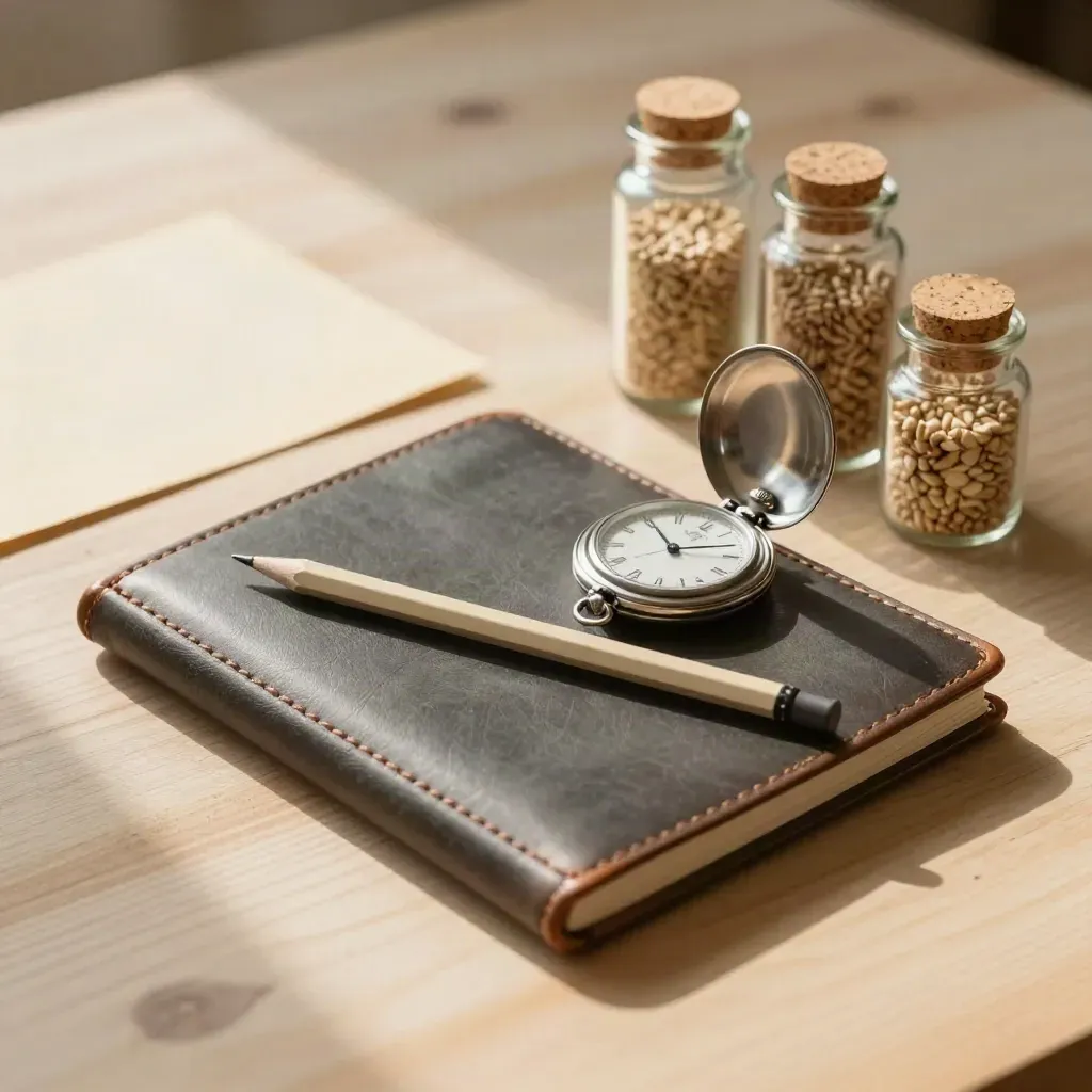 Quaderno in pelle, orologio tascabile, matita e tre vasetti di semi su legno chiaro
