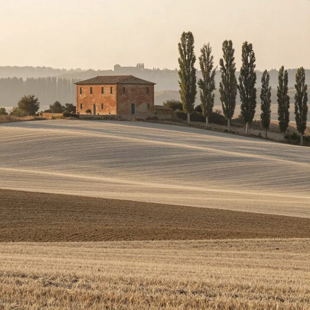 Pianura emiliano-romagnola con casa colonica in mattoni e pioppi nella foschia al tramonto