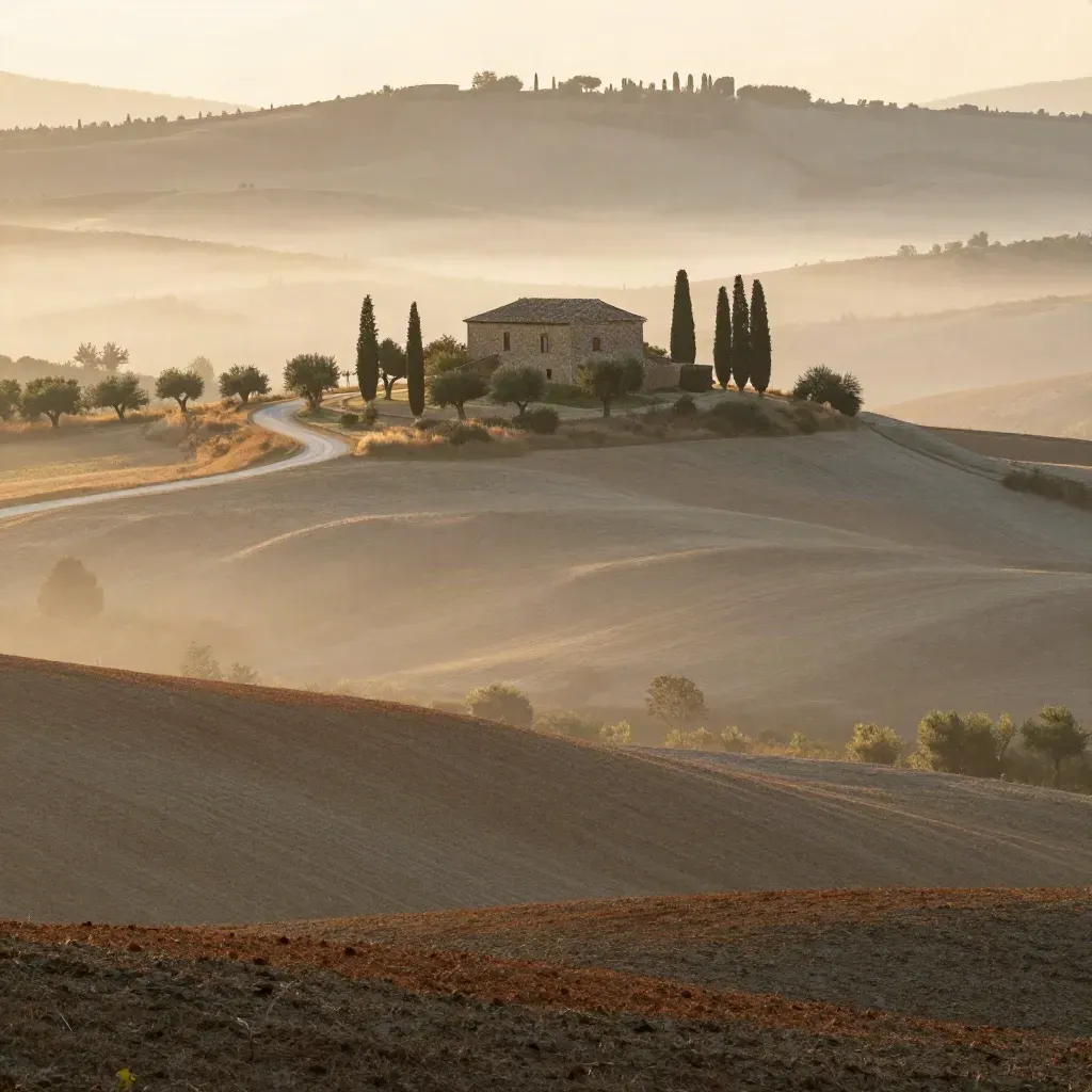 Casale toscano tra colline, cipressi e strada bianca nella foschia dorata
