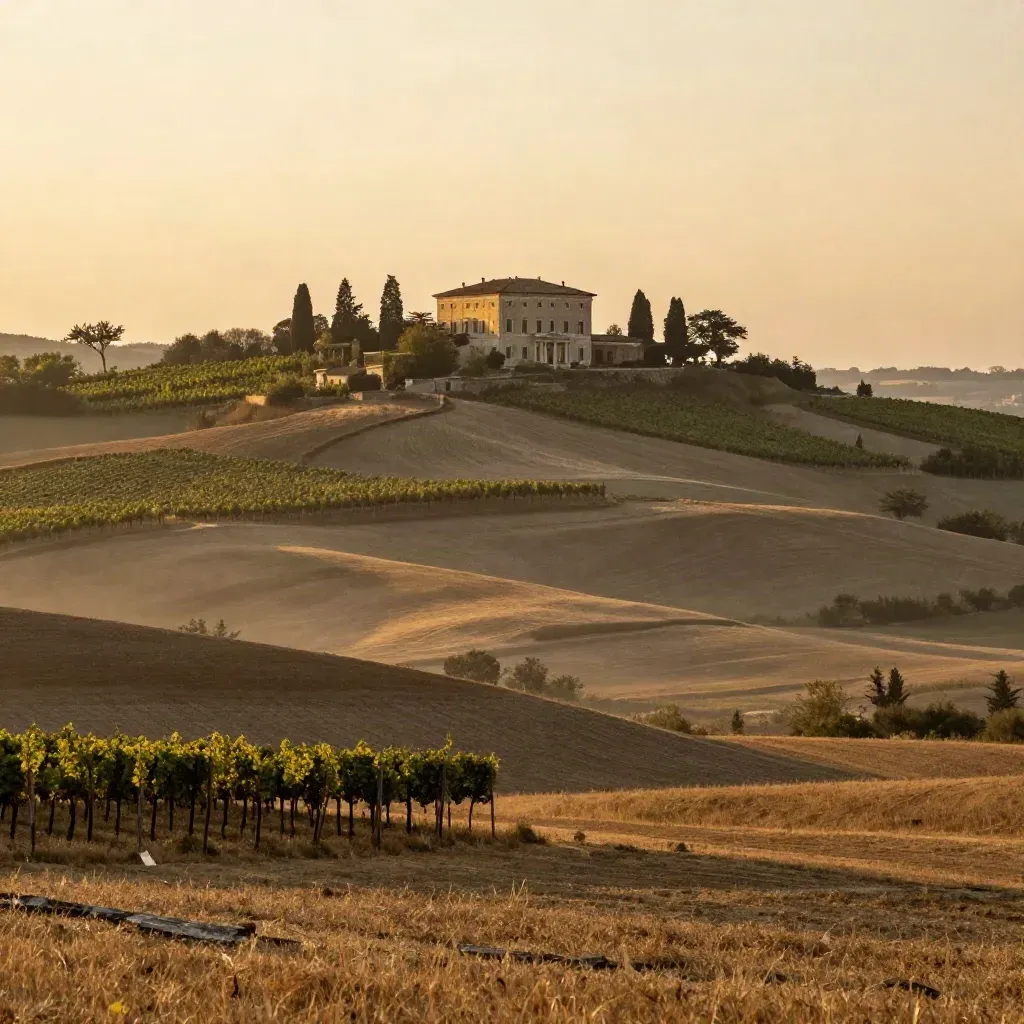 Villa palladiana tra vigneti al tramonto sulla campagna veneta, luce dorata e foschia.